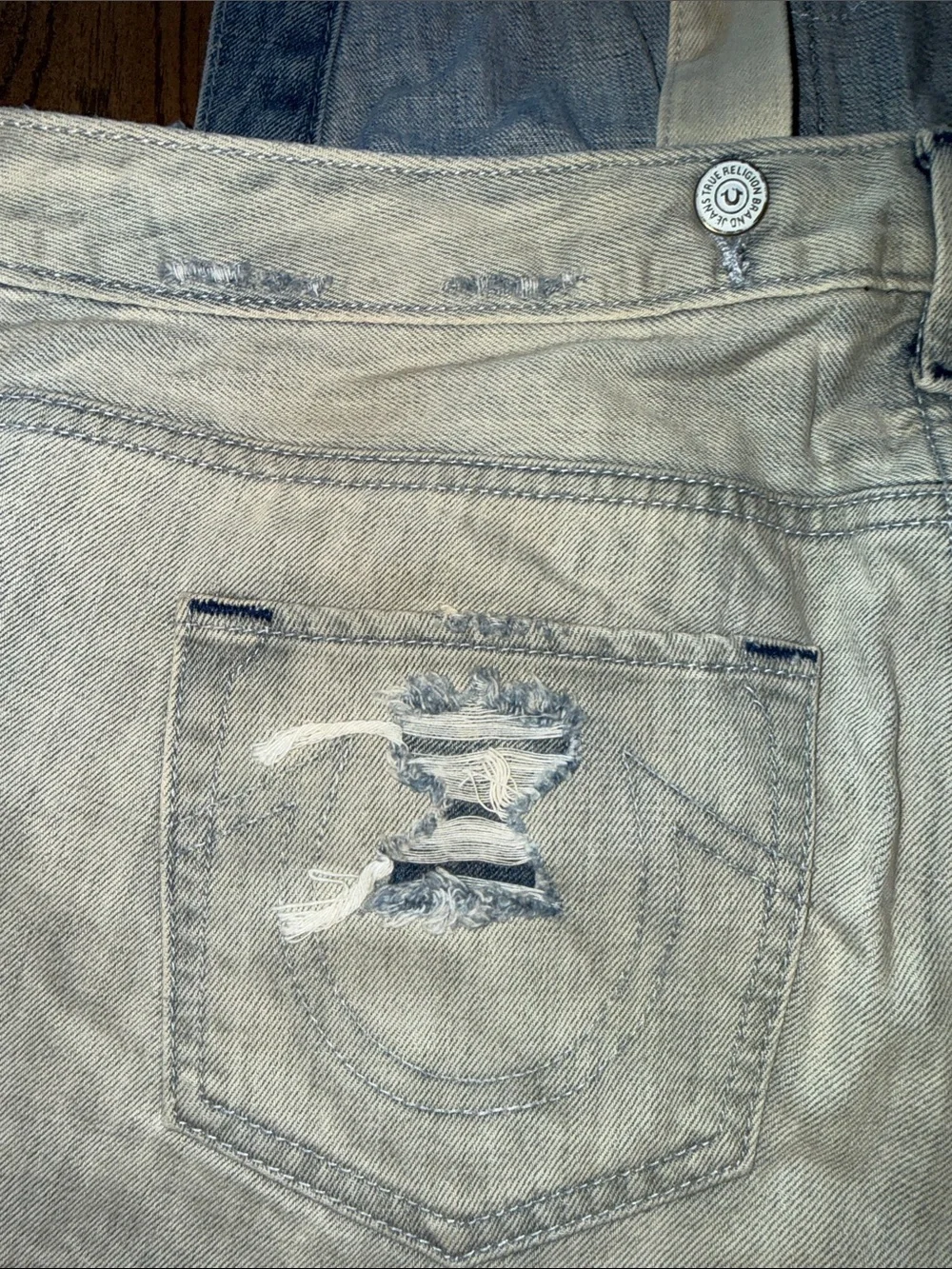 True Religion Two-Tone White Beige and Dark Blue Denim Short Overalls